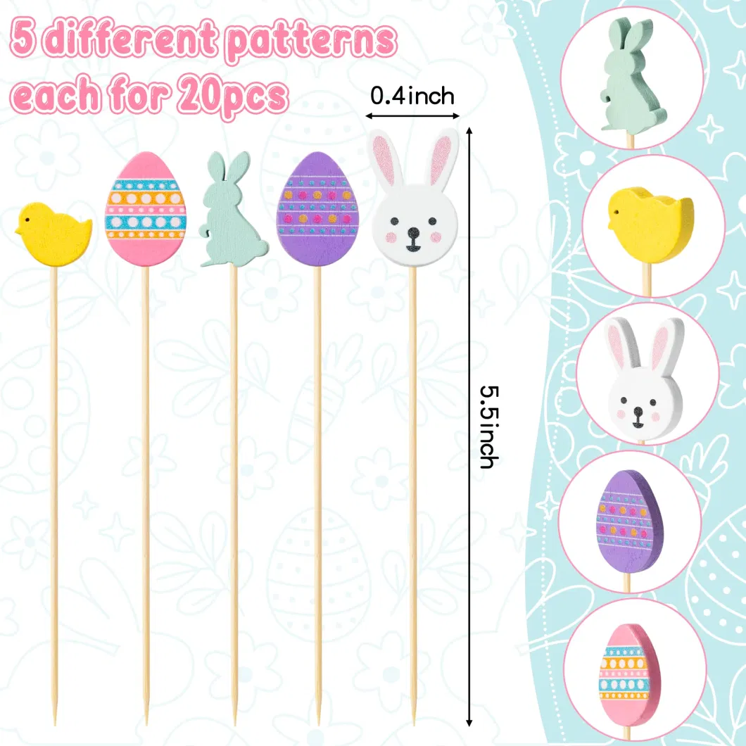 Easter Cocktail Picks, Rabbit Bunny Eggs Easter Toothpicks for Cake Food, Chicks Fruit Food Sticks for Birthday Party Decoration, Easter Holiday Picks